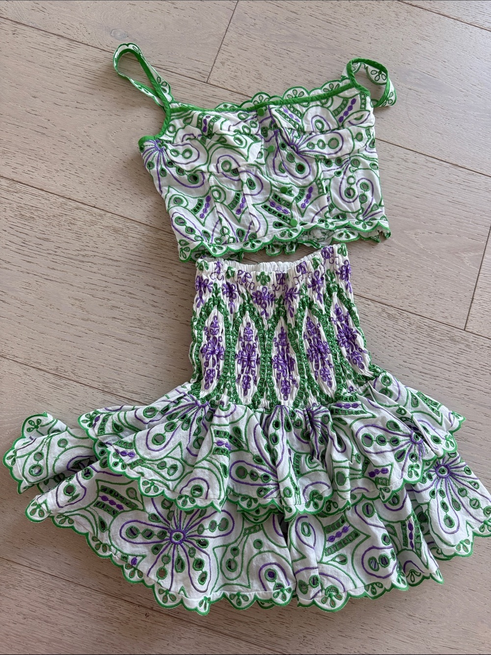Charo Ruiz White, Green & Purple Embroidered Cotton Skirt Set